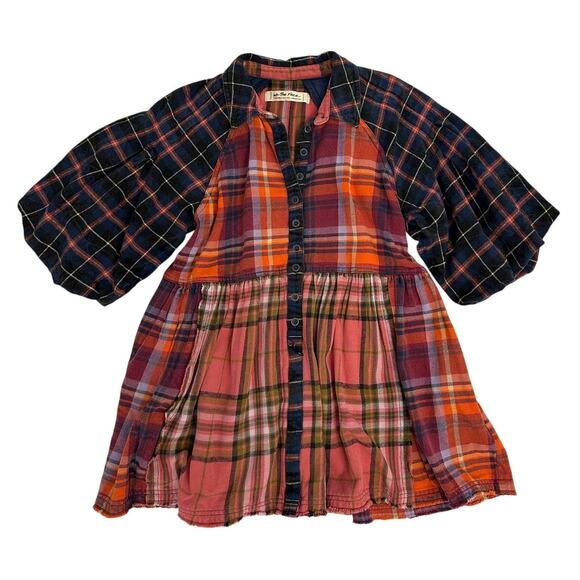 Free People Blouse Oversize Moon Bay Mixed Plaid Flannel Berry Combo - Picture 6 of 11